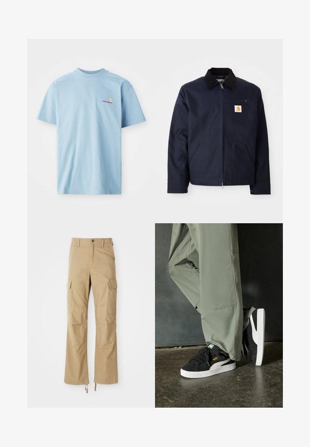 Tamsiai mėlynas džinsinis švarkas su juodu kašmyro apvadų, užtrauktuku, priekinėmis kišenėmis ir logotipo užtrauktuku kairėje krūtinės pusėje.; Šviesiai mėlyna, trumpomis rankovėmis medvilninė marškinėliai, su apvaliu kaklu ir mažuoju daugiaspalviu Carhartt logotipu kairėje krūtinės pusėje.; Kakijų cargo kelnės, pagamintos iš tvirto audinio, su keliais šoniais kišeniais, tiesiais kojų kirpimais ir reguliuojamomis raištelėmis apatine dalimi.; Juodi suede sportbačiai su baltais guminiais padais ir šoninėmis juostelėmis, derinami su šviesiai žaliais kargo kelnais, stovintys ant tekstūruoto tamsaus paviršiaus.