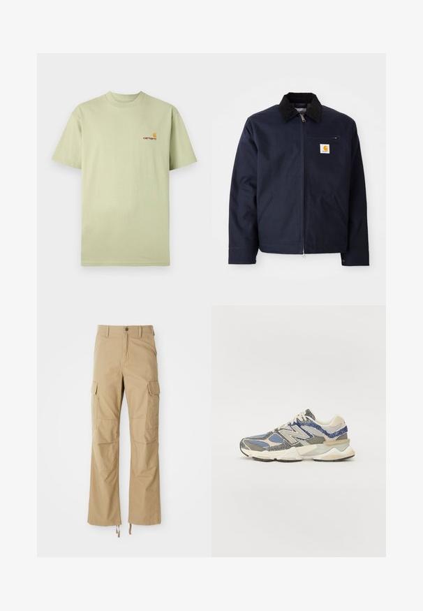 Marineblå jakke lavet af canvas med en sort velourkrave, lynlåslukning, frontlomme og logo-lap på venstre bryst.; Lys grøn t-shirt i bomuld med korte ærmer og rund halsudskæring. Har et lille orange og rødt logo på den øverste venstre del af brystet.; Khaki cargo bukser lavet af slidstærkt stof, der har flere sidelommer, en lige ben-design og justerbare snore i kanten.; Grå og blå sneakers med en struktureret overdel, der har mesh- og syntetiske materialer, en klodset sål, og hvid- og beige detaljer.