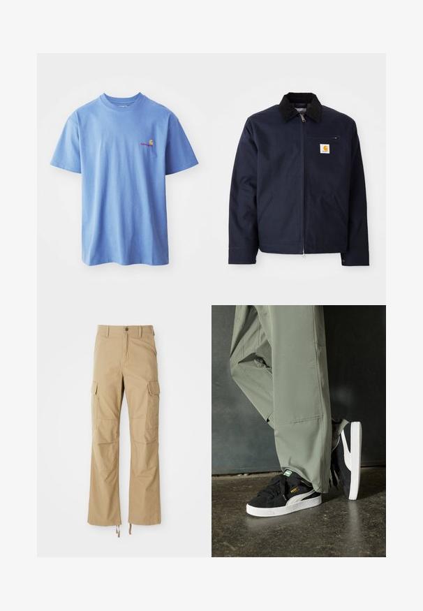 Marineblå jakke lavet af canvas med en sort velourkrave, lynlåslukning, frontlomme og logo-lap på venstre bryst.; Lysblå bomulds T-shirt med korte ærmer og rund halsudskæring. Har et lille orange og rødt logo på venstre brystområde.; Khaki cargo bukser lavet af slidstærkt stof, der har flere sidelommer, en lige ben-design og justerbare snore i kanten.; Sorte ruskinds sneakers med hvide gummisåler og sidestreger, parret med lysegrønne cargo bukser, stående på en struktureret mørk overflade.
