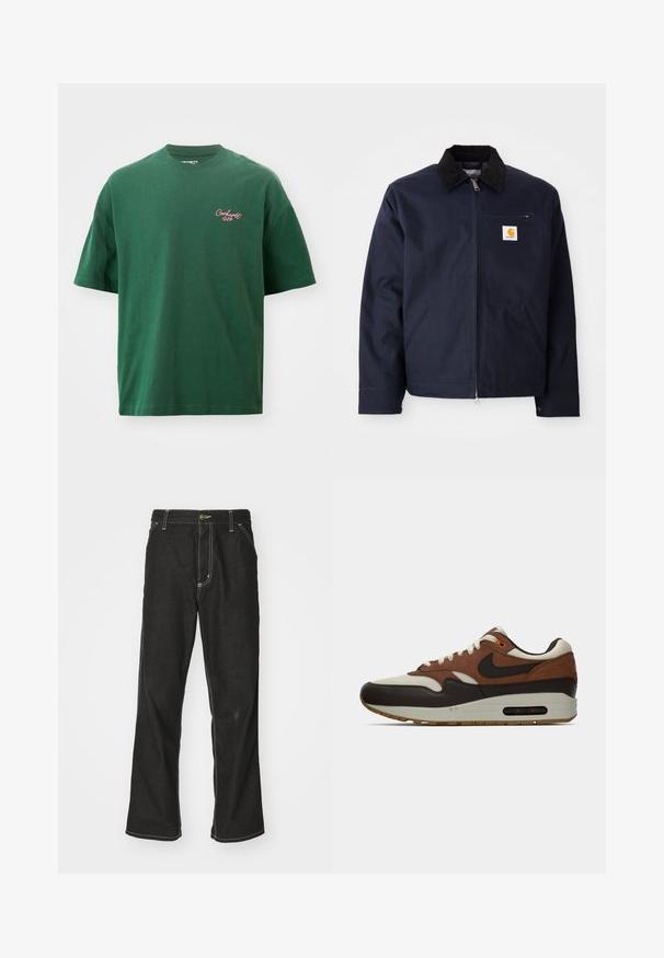 Navy blue jacket made of canvas with a black corduroy collar, zip closure, front pocket, and logo patch on left chest.; Green short-sleeve t-shirt made of cotton. Features a round neckline and small pink "Carhartt WIP" logo on the left chest.; Black denim jeans with a loose fit, featuring contrasting white stitching, a button closure, and a straight leg design.; Brown, cream, and black Nike Air Max sneaker with visible air cushion sole and lace-up design, shown in side profile on a white background.