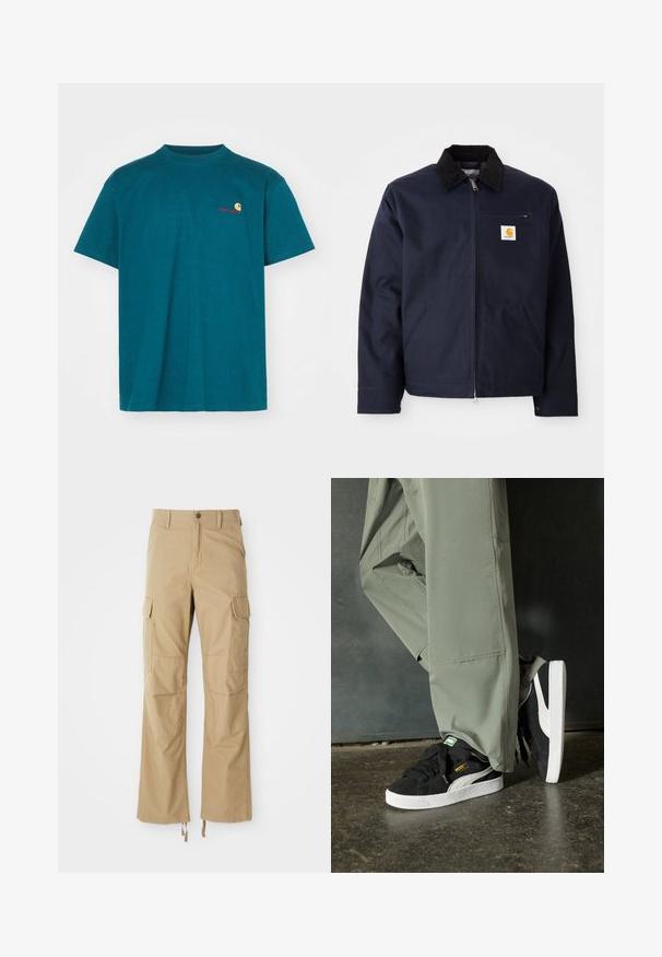 Marineblå jakke lavet af canvas med en sort velourkrave, lynlåslukning, frontlomme og logo-lap på venstre bryst.; Teal bomulds t-shirt med rund halsudskæring. Har et lille orange og rødt logo på venstre bryst. Korte ærmer og en afslappet pasform.; Khaki cargo bukser lavet af slidstærkt stof, der har flere sidelommer, en lige ben-design og justerbare snore i kanten.; Sorte ruskinds sneakers med hvide gummisåler og sidestreger, parret med lysegrønne cargo bukser, stående på en struktureret mørk overflade.