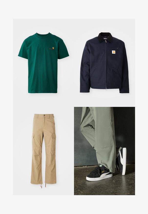 Tumed sinine keebus, mis on valmistatud kanvasest, musta kampsuni kraega, lukuga, ees taskuga ja logo plaastriga vasakul rinnal.; Roheline puuvillane T-särk ümarate kaelustega ja lühikeste varrukatega. Vasakul rinnal on väike kontrastne logo oranži ja punase värviga.; Khaki värvi cargo püksid, mis on valmistatud vastupidavast kangast, mitme küljetasku, sirge jala disaini ja reguleeritavate nööridega hemmi peal.; Mustad nubukist spordijalatsid valgete kummist tallade ja külgriidega, koos heleda rohelise cargo-pükstega, seistes tekstureeritud tumedal pinnasel.