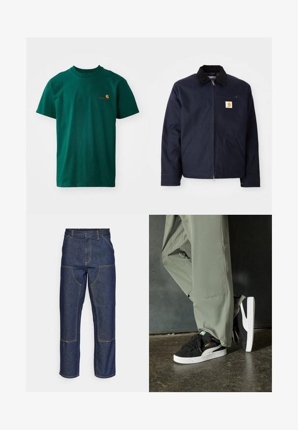 Marineblauwe jas van canvas met een zwart corduroy kraag, ritsluiting, een voorzak en een logo-opdruk op de linkerborst.; Groene katoenen t-shirt met een ronde hals en korte mouwen. Bevat een klein, contrasterend logo in oranje en rood op de linkerkant van de borst.; Donkerblauwe denim jeans met een hoge taille, rechte pijpen, contrasterende stiksels en opgestikte zakken aan de voorkant.; Zwarte suède sneakers met witte rubberen zolen en zijstrepen, gecombineerd met lichtgroene cargobroeken, staande op een gestructureerd donker oppervlak.