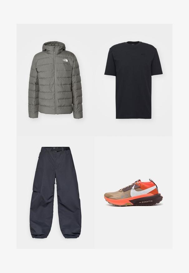 Siva puhovka s kapuco, ki ima zadrgo, horizontalni prešiti vzorec in logo na levem prsnem delu.; Črna bombažna majica s kratkimi rokavi in ovratnikom v krogu, z diskretno oznako na prsih in sproščenim krojem.; Temno sivi cargo hlače, izdelane iz mehkega in trpežnega materiala. Imajo širok, ohlapen kroj, več žepov in pas za prilagoditev.; Bež in rdeč tekaški čevlji za trail z mrežasto zgornjim delom, odsevnimi detajli in Vibram podplatom. Opremljeni so z Nike ZoomX blagovno znamko in vzorčnimi oblikovalskimi elementi.