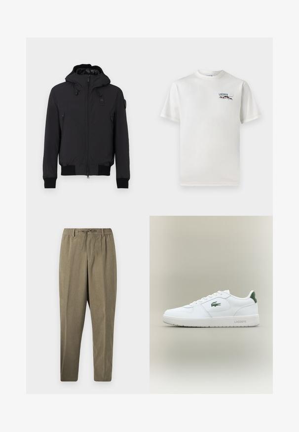 Czarna kurtka z kapturem, zapinana na zamek z przodu, z bocznymi kieszeniami, ściągaczami przy mankietach i dolnym wykończeniu. Gładka powierzchnia i ocieplany wnętrze.; Biała koszulka bawełniana z okrągłym dekoltem, krótkimi rękawami i małym haftowanym logo przedstawiającym góry oraz tekst po lewej stronie klatki piersiowej.; Tkaninowe spodnie w kolorze taupe o wysokim stanie z elastycznym pasem, szlufkami na pasek oraz sznurkiem, proste nogawki na jednolitym białym tle.; Białe skórzane trampki o gładkim wykończeniu, z zielonymi akcentami na pięcie i zielonym logo z boku. Posiadają płaską podeszwę i okrągły czubek.
