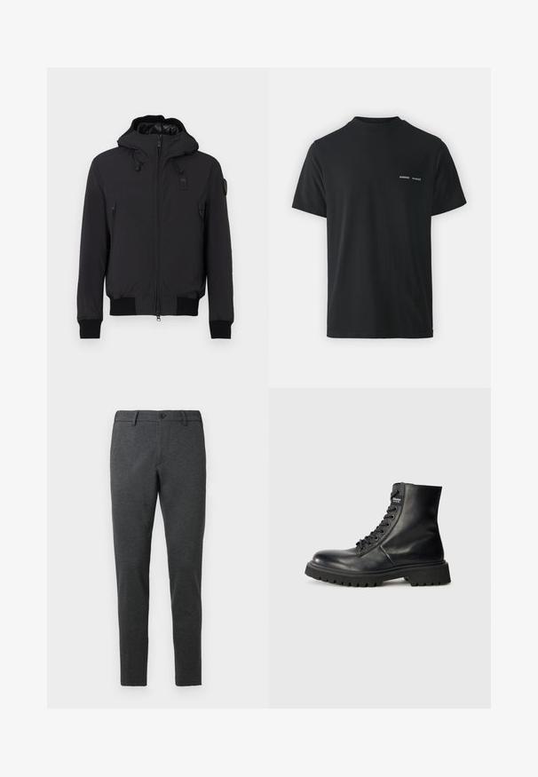 Melnā kapuce ar rāvējslēdzēju priekšpusē, sānu kabatām, ribotu aproču un apakšmalu. Gluda ārējā virsma un izolēta iekšpuse.; Melnās kokvilnas T-krekls ar klasisku apaļu kaklu, īsām piedurknēm un diviem maziem baltiem "SAMSØE" logotipiem uz kreisā krūšu.; Tumši pelēki bikses, izgatavotas no teksturēta auduma. Pieguļošs dizains ar taisnu kāju, ar vienu pogu aizdari un jostu cilpiņām.; Melnas ādas lace-up zābaki ar augstu potīti, noapaļotu purngalu, izturīgu gumijas zoli un logo detaļu sānos. Regulējami metāla acu caurumi.