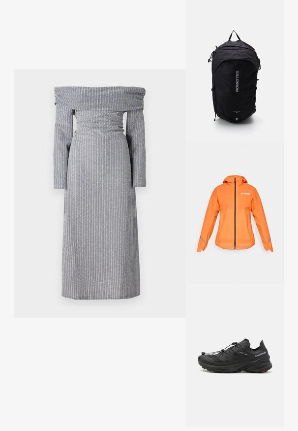 Terrex vodoodporna jakna, svetlo oranžne barve, lahka tkanina, popoln zadrga, kapuca, odsevniki na rokavih, gladka tekstura.; Obleka brez naramnic v svetlo sivi barvi z diskretnimi navpičnimi črtami, z ožjim pasom, dolgimi rokavi in tekočo silhueto. Mehka tekstura tkanine.; Črne trail tekaške copate z teksturirano zgornjim delom, mrežnimi paneli in varnim sistemom zapenjanja. Imajo robusten podplat za oprijem.; Črn nahrbtnik z elegantno zasnovo, teksturirano tkanino, nastavljivimi naramnicami in izstopajočim srebrnim logotipom "SALOMON" spredaj.