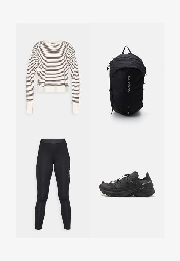 Terrex waterdichte jas, fel oranje, lichtgewicht stof, volle rits, capuchon, reflecterende accenten op de mouwen, soepele textuur.; Geknipt langemouwen top in crèmekleur met donkerbruine horizontale strepen. Voorzien van een ronde halslijn en strakke manchetten. Zachte textuur van de stof.; Zwarte sportleggings met een aansluitend ontwerp, gemaakt van rekbaar materiaal. Voorzien van zijzakken en witte "TERREX" branding.; Zwarte trailschoen voor hardlopen met een gestructureerde bovenkant, meshpanelen en een veilig bevestigingssysteem. Beschikt over een robuuste buitenzool voor grip.; Zwarte rugzak met een gestroomlijnd ontwerp, textuurstof, verstelbare banden en een prominente zilveren "SALOMON" logo aan de voorkant.