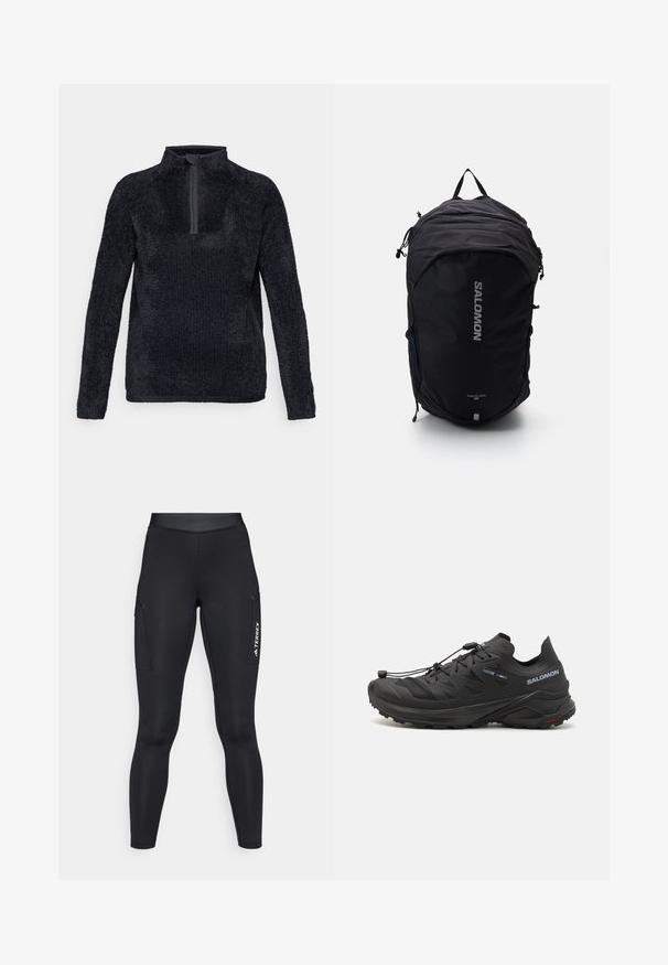 Terrex vandtæt jakke, lys orange, letvægtsstof, fuld lynlås, hætte, reflekterende detaljer på ærmerne, glat tekstur.; Fleece pullover i mørkegrå med halv-lynlås krave, lange ærmer, tekstureret overflade og en afslappet pasform. Enkel og funktionel design.; Sorte atletiske leggings med en tætsiddende pasform, lavet af strækbart materiale. Har sidelommer og hvid "TERREX" branding.; Sorte trail løbesko med en tekstureret overdel, mesh-paneler og et sikkert lukkesystem. Har en robust ydersål for godt greb.; Sort rygsæk med et strømlinet design, tekstureret stof, justerbare stropper og et fremtrædende sølvfarvet "SALOMON" logo på fronten.