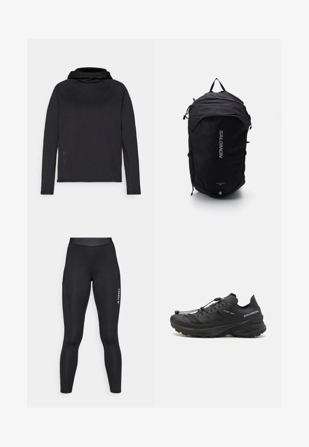 Giacca impermeabile Terrex, arancione brillante, tessuto leggero, chiusura a zip full, cappuccio, dettagli riflettenti sulle maniche, texture liscia.; Maglietta nera a maniche lunghe con cappuccio realizzata in tessuto morbido, con maniche raglan e cuciture a contrasto lungo le cuciture per un tocco di dettaglio.; Maglia atletica bianca a maniche lunghe con colletto alto e piccolo logo centrato sul petto, esposta su uno sfondo neutro.; Leggings sportivi neri con un design aderente, realizzati in materiale elastico. Presentano tasche laterali e il marchio bianco "TERREX".; Scarpe da trail running nere con una parte superiore testurizzata, pannelli in rete e un sistema di chiusura sicuro. Presentano una suola robusta per una buona trazione.; Zaino nero con un design slanciato, tessuto testurizzato, spallacci regolabili e un logo "SALOMON" argentato in evidenza sulla parte anteriore.