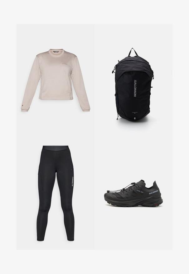 Giacca impermeabile Terrex, arancione brillante, tessuto leggero, chiusura a zip full, cappuccio, dettagli riflettenti sulle maniche, texture liscia.; Camicia sportiva a maniche lunghe di un leggero beige, realizzata in tessuto testurizzato e traspirante, con collo rotondo e logo discreto sul petto.; Leggings sportivi neri con un design aderente, realizzati in materiale elastico. Presentano tasche laterali e il marchio bianco "TERREX".; Scarpe da trail running nere con una parte superiore testurizzata, pannelli in rete e un sistema di chiusura sicuro. Presentano una suola robusta per una buona trazione.; Zaino nero con un design slanciato, tessuto testurizzato, spallacci regolabili e un logo "SALOMON" argentato in evidenza sulla parte anteriore.