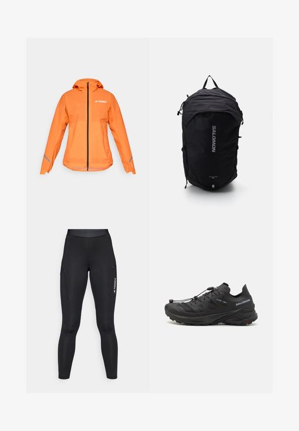 Wodoodporna kurtka Terrex, jasnopomarańczowa, lekki materiał, pełny zamek, kaptur, odblaskowe akcenty na rękawach, gładka tekstura.; Biała sportowa koszulka z długim rękawem, z kołnierzykiem typu mock oraz małym, centralnie umiejscowionym logo na klatce piersiowej, wyeksponowana na jednolitym tle.; Czarne legginsy sportowe o dopasowanym kroju, wykonane z elastycznego materiału. Posiadają boczne kieszenie oraz białe logo "TERREX".; Czarne buty do biegania w terenie z teksturowaną cholewką, panelami z siateczki i pewnym systemem zapinania. Posiadają trwałą podeszwę zewnętrzną zapewniającą przyczepność.; Czarny plecak o smukłej konstrukcji, teksturowanym materiale, regulowanymi paskami i wyraźnym, srebrnym logo "SALOMON" z przodu.