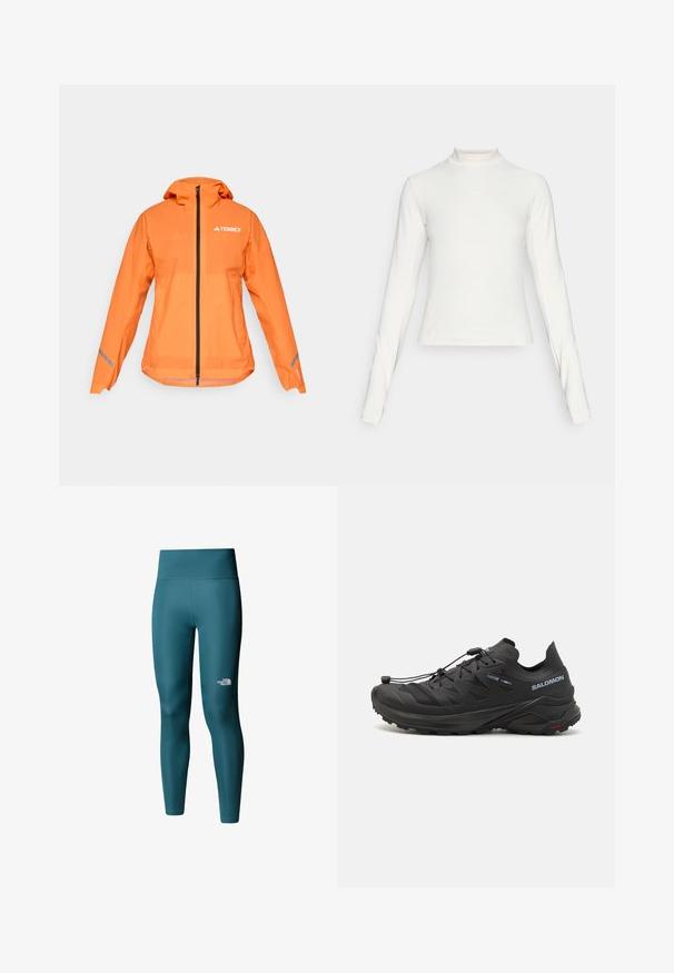 Terrex waterdichte jas, fel oranje, lichtgewicht stof, volle rits, capuchon, reflecterende accenten op de mouwen, soepele textuur.; Witte sporttop met lange mouwen en een opstaande kraag, met een klein logo in het midden op de borst, weergegeven op een effen achtergrond.; The North Face W FLEX 28IN TIGHT - Legging - space; Zwarte trailschoen voor hardlopen met een gestructureerde bovenkant, meshpanelen en een veilig bevestigingssysteem. Beschikt over een robuuste buitenzool voor grip.