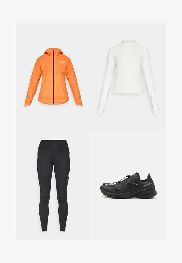 Giacca impermeabile Terrex, arancione brillante, tessuto leggero, chiusura a zip full, cappuccio, dettagli riflettenti sulle maniche, texture liscia.; Maglia atletica bianca a maniche lunghe con colletto alto e piccolo logo centrato sul petto, esposta su uno sfondo neutro.; Leggings neri realizzati in materiale elastico, con vita alta, tasche laterali e marchio bianco a contrasto sulla gamba sinistra.; Scarpe da trail running nere con una parte superiore testurizzata, pannelli in rete e un sistema di chiusura sicuro. Presentano una suola robusta per una buona trazione.