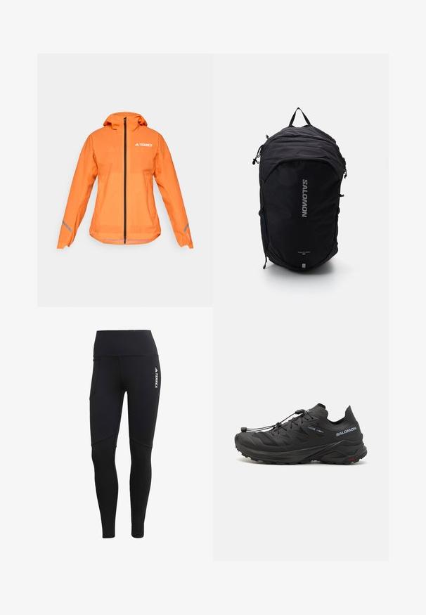 Terrex wasserdichte Jacke, leuchtend orange, leichtes Material, durchgehender Reißverschluss, Kapuze, reflektierende Akzente an den Ärmeln, glatte Textur.; Langärmliges weißes Sportoberteil mit Stehkragen und kleinem zentralem Logo auf der Brust, auf einem schlichten Hintergrund präsentiert.; Schwarze Sportleggings mit hohem Bund, seitlicher Tasche, nahtlosem Design und Terrex-Logo auf der vorderen rechten Seite.; Schwarze Trailrunning-Schuhe mit einem strukturierten Obermaterial, Netzpanelen und einem sicheren Verschlusssystem. Verfügt über eine robuste Außensohle für besten Halt.; Schwarzer Rucksack mit einem schlanken Design, strukturiertem Stoff, verstellbaren Trägern und einem auffälligen silbernen "SALOMON"-Logo auf der Vorderseite.