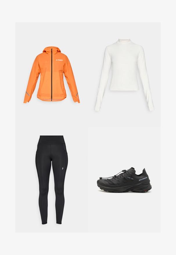 Terrex waterproof jacket, bright orange, lightweight fabric, full zip, hood, reflective accents on sleeves, smooth texture.; Long-sleeve white athletic top with mock neck and small centered logo on chest, displayed on a plain background.; Black full-length leggings made of stretchy material, featuring a high waist, side pockets, and a small logo on the left thigh.; Black trail running shoes with a textured upper, mesh panels, and a secure fastening system. Features a rugged outsole for traction.