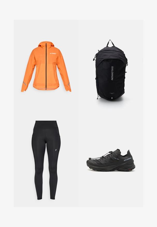 Terrex waterproof jacket, bright orange, lightweight fabric, full zip, hood, reflective accents on sleeves, smooth texture.; Long-sleeve white athletic top with mock neck and small centered logo on chest, displayed on a plain background.; Black full-length leggings made of stretchy material, featuring a high waist, side pockets, and a small logo on the left thigh.; Black trail running shoes with a textured upper, mesh panels, and a secure fastening system. Features a rugged outsole for traction.; Black backpack with a streamlined design, textured fabric, adjustable straps, and a prominent silver "SALOMON" logo on the front.