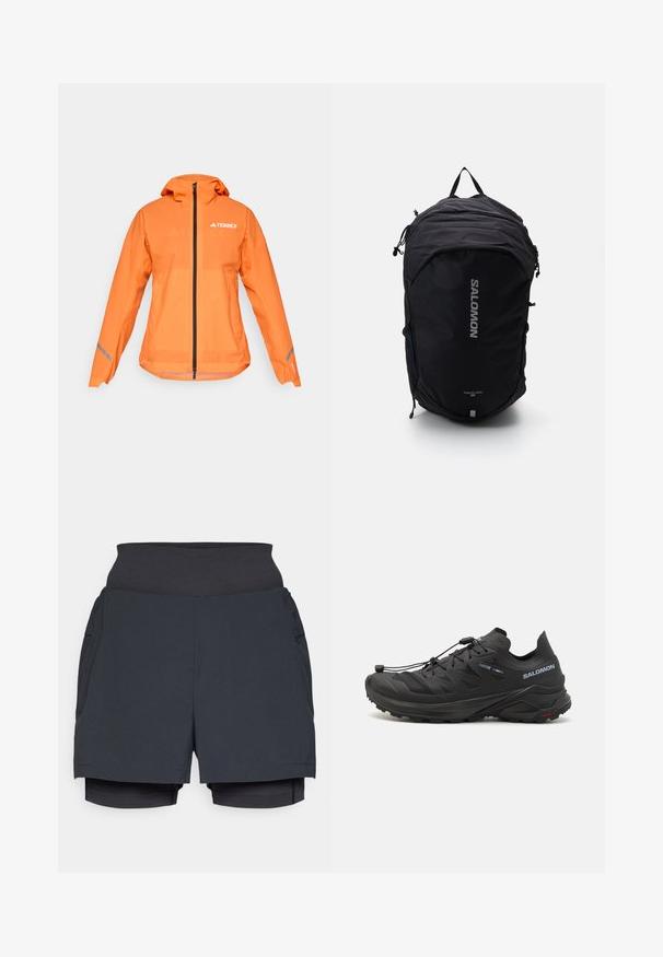 Terrex vedenpitävä takki, kirkkaan oranssi, kevyt kangas, täysipitkä vetoketju, huppu, heijastavat yksityiskohdat hihoissa, sileä pinta.; Pitkähiha valkoinen urheilu paita, jossa on korkea kaulus ja pieni keskellä oleva logo rinnassa, esitetty yksinkertaisella taustalla.; Mustat urheilushortsit, joissa on leveä vyötärökaista, kerroksellinen muotoilu ja sisäshortsit. Sileä kangas ja kevyet materiaalit.; Musta maastojuoksukengät, joissa on teksturoitu päällinen, verkkomaiset paneelit ja turvallinen kiinnitysjärjestelmä. Varustettu karkealla pohjalla pidon parantamiseksi.; Musta reppu, jossa on virtaviivainen muotoilu, teksturoitu kangas, säädettävät hihnat ja näyttävä hopeinen "SALOMON"-logo edessä.