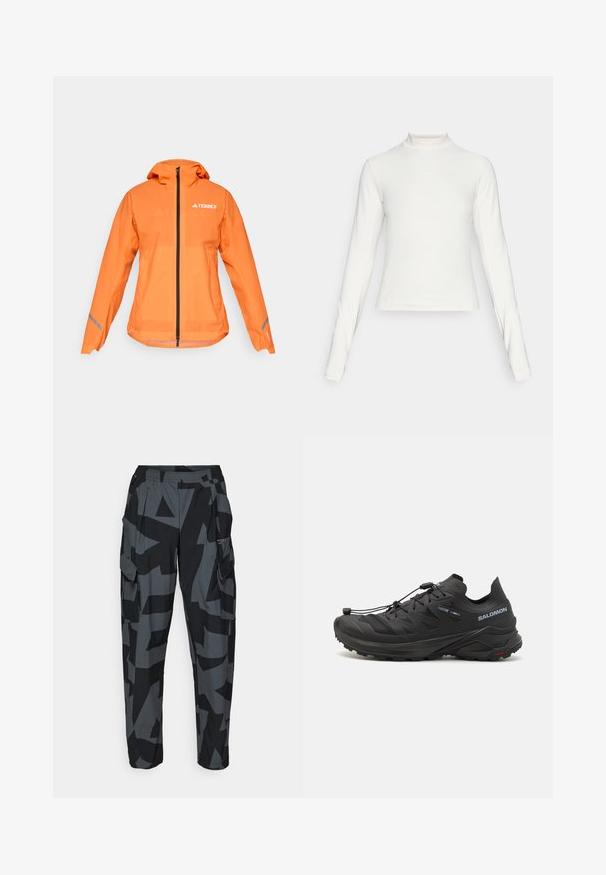Terrex vandeniui atsparus džemperis, ryškiai oranžinės spalvos, lengvas audinys, visa užtrauktukas, kapišonas, atspindinčios detalės ant rankovių, glotni tekstūra.; Ilgų rankovių baltas sportinis marškinėlis su pusapykakle ir mažuoju centro logotipu ant krūtinės, pateiktas ant vientiso fono.; Cargo kelnės juodai pilku geometriniu raštu, turinčios elastingą juosmenį, daugybę kišenių ir laisvą siluetą.; Juodi bėgimo batai trail su tekstūruota viršutinė dalimi, tinklinėmis dalimis ir saugiai užsegamu sistemu. Turima tvirta pado struktūra, užtikrinanti sukibimą.