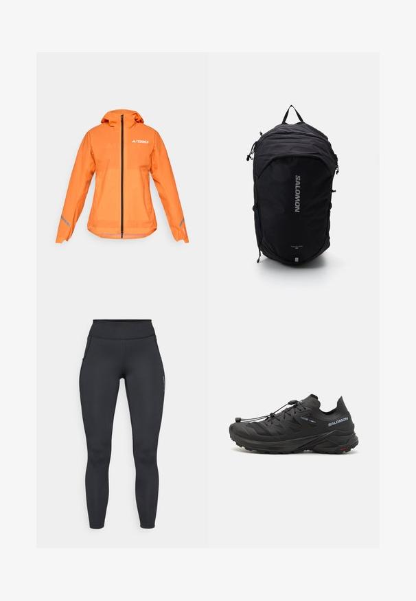 Voděodolná bunda Terrex, jasně oranžová, lehká tkanina, plný zip, kapuce, reflexní prvky na rukávech, hladká textura.; Bílé atletické tričko s dlouhým rukávem, s vysokým límcem a malým centrálně umístěným logem na hrudi, vystavené na jednoduchém pozadí.; Černé sportovní legíny s vysokým pasem, hladkým povrchem a bočními kapsami. Obsahují viditelné švy a logo značky na noze.; Černé trailové běžecké boty s texturovaným svrškem, síťovanými panely a bezpečným zapínacím systémem. Mají robustní podešev pro trakci.; Černý batoh s aerodynamickým designem, textured tkaninou, nastavitelnými popruhy a výrazným stříbrným logem "SALOMON" na přední straně.