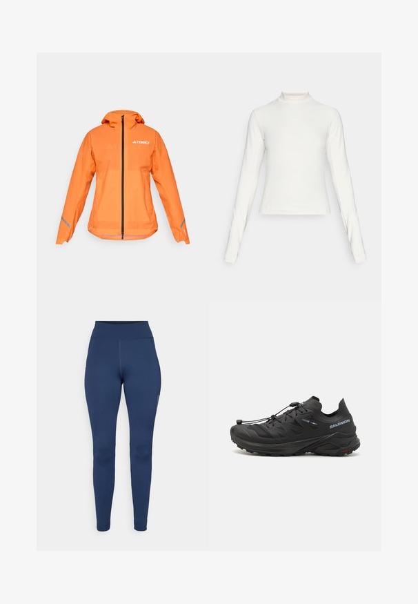 Terrex vandtæt jakke, lys orange, letvægtsstof, fuld lynlås, hætte, reflekterende detaljer på ærmerne, glat tekstur.; Langærmet hvid sportstrøje med høj hals og lille centralt logo på brystet, vist på en ensfarvet baggrund.; Marineblå leggings lavet af strækbart stof, med en høj talje og en sidelomme. Glat tekstur med flade sømme.; Sorte trail løbesko med en tekstureret overdel, mesh-paneler og et sikkert lukkesystem. Har en robust ydersål for godt greb.