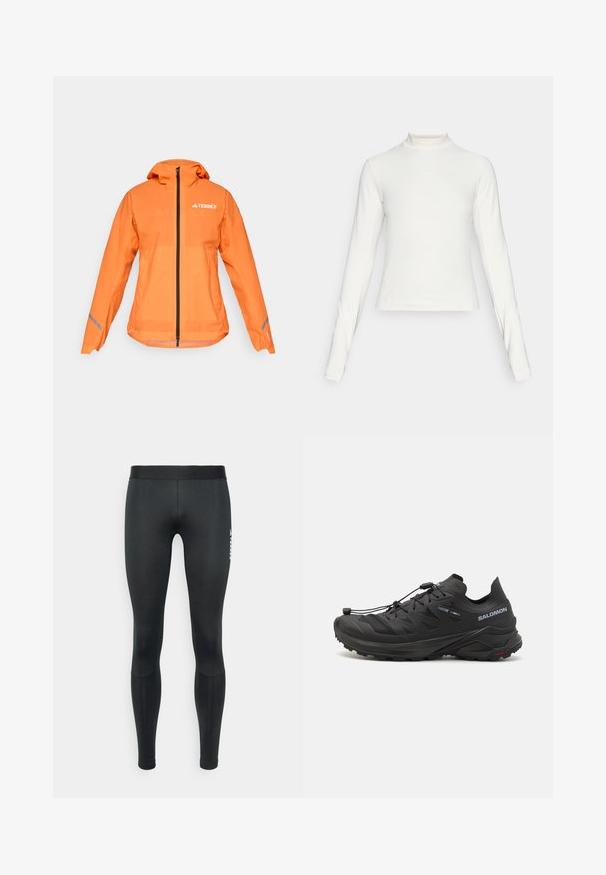 Terrex vodoodpudivá bunda, jasne oranžová, ľahká textílie, plný zips, kapucňa, reflexné akcenty na rukávoch, hladká textúra.; Dlhý rukáv biely športový top s vysokým golierom a malým centrálnym logom na hrudi, zobrazený na jednoduchom pozadí.; Čierne športové legíny s hladkou textúrou, elastickým pásom a logom na strane. Sú tesné a s dĺžkou po celej nohe.; Čierne trailové bežecké topánky s textúrovaným zvrškom, sieťovinovými panelmi a bezpečným systémom zapínania. Obsahujú robustnú podrážku pre lepšiu trakciu.
