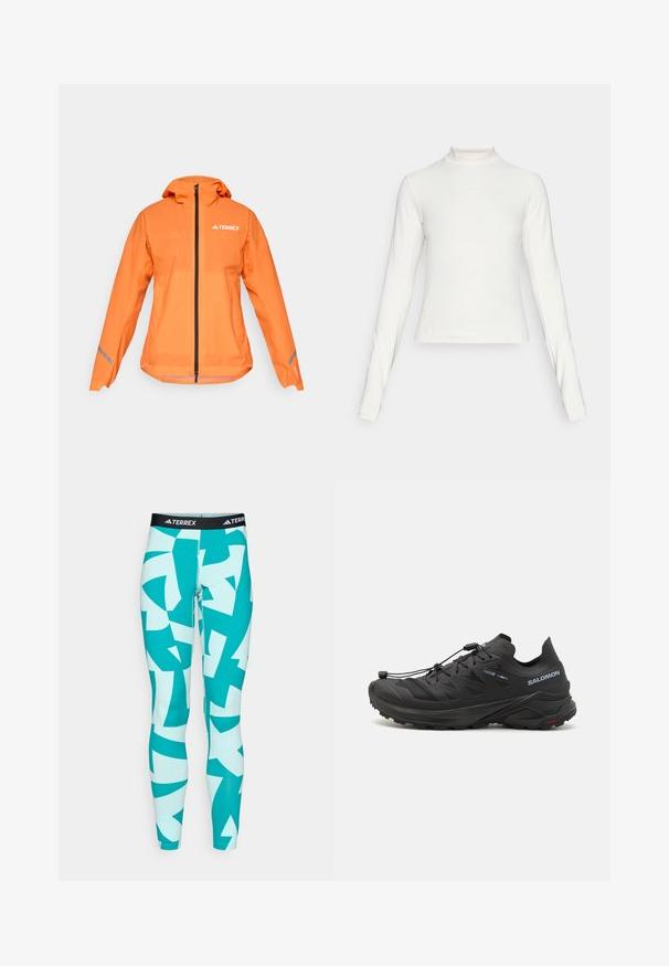Giacca impermeabile Terrex, arancione brillante, tessuto leggero, chiusura a zip full, cappuccio, dettagli riflettenti sulle maniche, texture liscia.; Maglia atletica bianca a maniche lunghe con colletto alto e piccolo logo centrato sul petto, esposta su uno sfondo neutro.; Leggings turchesi con motivi geometrici astratti bianchi e teal. Realizzati in materiale elasticizzato, presentano una vita con logo nero TERREX.; Scarpe da trail running nere con una parte superiore testurizzata, pannelli in rete e un sistema di chiusura sicuro. Presentano una suola robusta per una buona trazione.