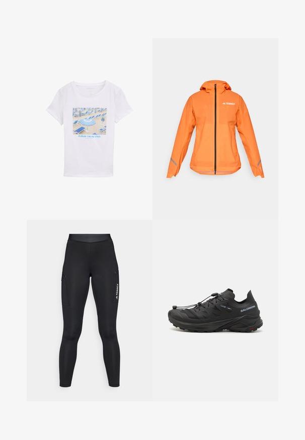 Terrex waterdichte jas, fel oranje, lichtgewicht stof, volle rits, capuchon, reflecterende accenten op de mouwen, soepele textuur.; Witte katoenen t-shirt met een blauwe grafiek van strandparasols en stoelen, met de tekst "italian vacay club" in een lichtblauwe lettertype.; Zwarte sportleggings met een aansluitend ontwerp, gemaakt van rekbaar materiaal. Voorzien van zijzakken en witte "TERREX" branding.; Zwarte trailschoen voor hardlopen met een gestructureerde bovenkant, meshpanelen en een veilig bevestigingssysteem. Beschikt over een robuuste buitenzool voor grip.