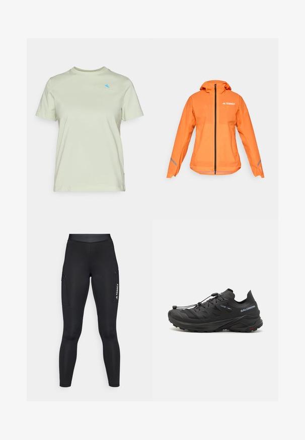 Terrex vandeniui atsparus džemperis, ryškiai oranžinės spalvos, lengvas audinys, visa užtrauktukas, kapišonas, atspindinčios detalės ant rankovių, glotni tekstūra.; Šviesiai žalia medvilninė marškinė su apvaliu kaklu ir trumpomis rankovėmis. Priekyje yra mažas mėlynas logotipas, išsiuvinėtas ant krūtinės.; Juodos sportinės tamprės su prigludusia siluetu, pagamintos iš tampraus audinio. Yra šoninės kišenės ir baltas "TERREX" logotipas.; Juodi bėgimo batai trail su tekstūruota viršutinė dalimi, tinklinėmis dalimis ir saugiai užsegamu sistemu. Turima tvirta pado struktūra, užtikrinanti sukibimą.