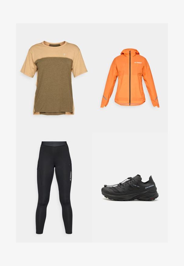 Terrex vattentät jacka, klar orange, lättviktig tyg, hel dragkedja, huva, reflexdetaljer på ärmarna, slät textur.; Kortärmad T-shirt med rundad halsringning, beige övre del och olivgrön nedre del, som har en liten logotyp på bröstet.; Svarta sportleggings med en åtsittande design, tillverkade av stretchmaterial. Har sidofickor och vit "TERREX"-logotyp.; Svarta traillöparskor med en texturerad ovandel, meshpaneler och ett säkert fästsystem. Har en robust sula för bra grepp.