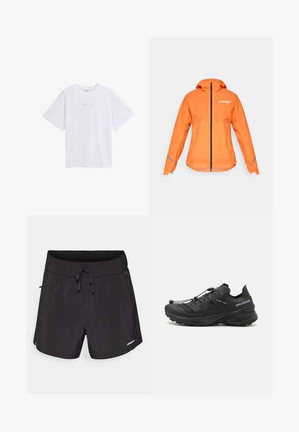 Terrex vedenpitävä takki, kirkkaan oranssi, kevyt kangas, täysipitkä vetoketju, huppu, heijastavat yksityiskohdat hihoissa, sileä pinta.; Valkoinen lyhythihainen t-paita, jossa on pyöreä kaula-aukko ja pieni sininen painatusteksti rintamuksessa. Valmistettu pehmeästä, kevyestä kankaasta.; Mustat uimapuvut valmistettu kevyestä kankaasta, joissa on joustava vyötärö, kiristysnauha ja sivutaskut käyttömukavuutta varten.; Musta maastojuoksukengät, joissa on teksturoitu päällinen, verkkomaiset paneelit ja turvallinen kiinnitysjärjestelmä. Varustettu karkealla pohjalla pidon parantamiseksi.