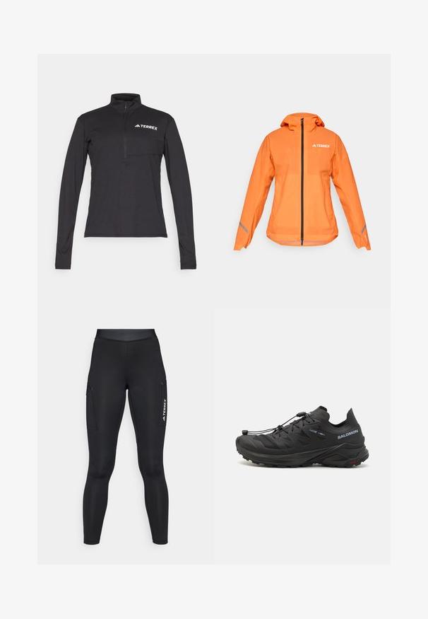 Terrex vodoodpudivá bunda, jasne oranžová, ľahká textílie, plný zips, kapucňa, reflexné akcenty na rukávoch, hladká textúra.; Čierny pulóver s dlhým rukávom a štvrťovým zipsom, s prednou vreckom a bielym logom "TERREX" na hrudi. Hladká, ľahká tkanina.; Čierne športové legíny s priliehavým strihom, vyrobené z elastického materiálu. Obsahujú bočné vrecká a biele logo "TERREX".; Čierne trailové bežecké topánky s textúrovaným zvrškom, sieťovinovými panelmi a bezpečným systémom zapínania. Obsahujú robustnú podrážku pre lepšiu trakciu.