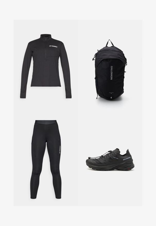 Terrex vodoodporna jakna, svetlo oranžne barve, lahka tkanina, popoln zadrga, kapuca, odsevniki na rokavih, gladka tekstura.; Črn dolg rokav pulover s četrtim zadrgo, ima sprednji žep in belo "TERREX" logo na prsih. Gladek, lahkoten material.; Črne športne legice z oprijetim dizajnom, narejene iz elastičnega materiala. Imajo stranske žepke in belo oznako "TERREX".; Črne trail tekaške copate z teksturirano zgornjim delom, mrežnimi paneli in varnim sistemom zapenjanja. Imajo robusten podplat za oprijem.; Črn nahrbtnik z elegantno zasnovo, teksturirano tkanino, nastavljivimi naramnicami in izstopajočim srebrnim logotipom "SALOMON" spredaj.