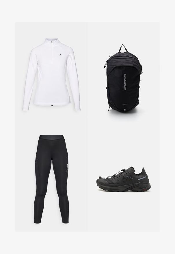 Terrex vandtæt jakke, lys orange, letvægtsstof, fuld lynlås, hætte, reflekterende detaljer på ærmerne, glat tekstur.; Hvid langærmet pullover med kvart lynlås-krave, der har et sort logo på brystet og er lavet af glat, let stof.; Sorte atletiske leggings med en tætsiddende pasform, lavet af strækbart materiale. Har sidelommer og hvid "TERREX" branding.; Sorte trail løbesko med en tekstureret overdel, mesh-paneler og et sikkert lukkesystem. Har en robust ydersål for godt greb.; Sort rygsæk med et strømlinet design, tekstureret stof, justerbare stropper og et fremtrædende sølvfarvet "SALOMON" logo på fronten.