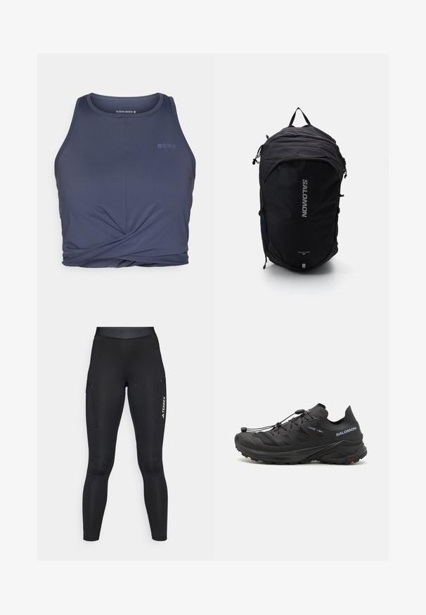 Terrex vandeniui atsparus džemperis, ryškiai oranžinės spalvos, lengvas audinys, visa užtrauktukas, kapišonas, atspindinčios detalės ant rankovių, glotni tekstūra.; Tamsiai mėlynas sportinis marškinėlis su apvaliomis iškirptėmis, su susuktos priekinės dalies dizainu ir žodžiu "BORG", atspausdintu šviesnesniu atspalviu.; Juodos sportinės tamprės su prigludusia siluetu, pagamintos iš tampraus audinio. Yra šoninės kišenės ir baltas "TERREX" logotipas.; Juodi bėgimo batai trail su tekstūruota viršutinė dalimi, tinklinėmis dalimis ir saugiai užsegamu sistemu. Turima tvirta pado struktūra, užtikrinanti sukibimą.; Juoda kuprinė su stilingu dizainu, tekstūruotu audiniu, reguliuojamais diržais ir dideliu sidabriniu "SALOMON" logotipu priekyje.