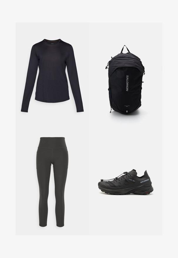 Terrex waterproof jacket, bright orange, lightweight fabric, full zip, hood, reflective accents on sleeves, smooth texture.; Long-sleeve shirt in navy blue, made of soft material with a crew neck, subtle texture, and curved hem. Features a small logo tag.; High-waisted black leggings made of stretchy fabric with smooth texture; features side pockets and flatlock seams for added comfort.; Black trail running shoes with a textured upper, mesh panels, and a secure fastening system. Features a rugged outsole for traction.; Black backpack with a streamlined design, textured fabric, adjustable straps, and a prominent silver "SALOMON" logo on the front.