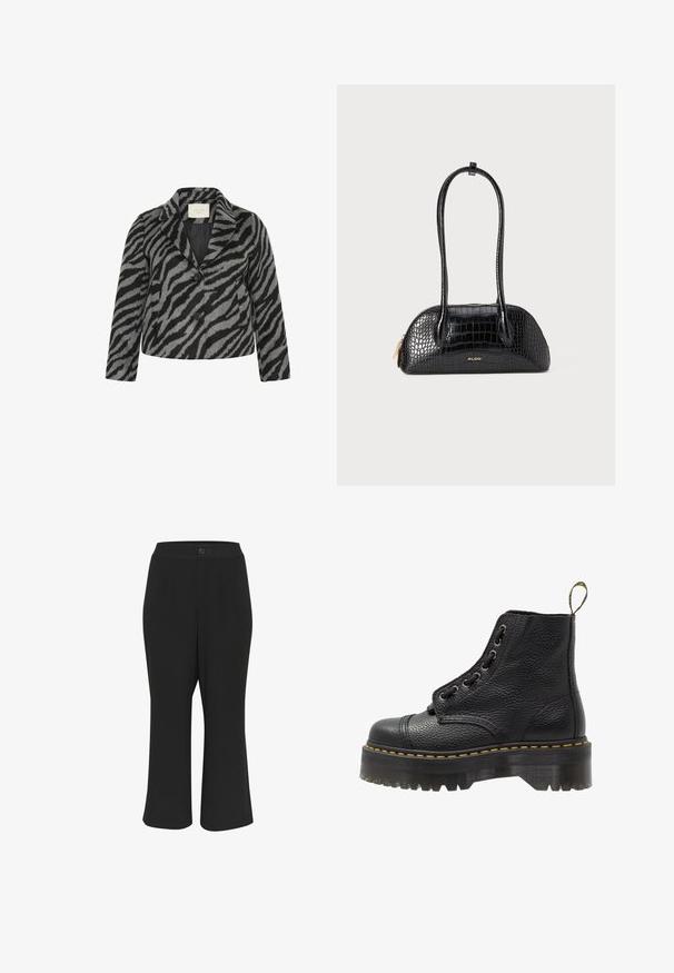 Kaffe Curve TORI - Korte frakker - black grey animal; Sort top med lange blonderærmer, der har en solid sort krop og blomsterlacemønster. Rund udskæring med glat tekstur.; Sorte cropped bukser med en glat tekstur, knaplukning og to frontlommer. Designet har en lige pasform og minimal detaljer.; Sorte læder ankelstøvler med tekstureret overflade, rund tå, snørebåndsdesign, gule stikninger og en tyk, rillet sort platformsål.; Sort håndtaske i krokodillemønster med en glat tekstur, rund form og to slanke håndtag. Guld-logo nær bunden.; Sølvøreringe, rund form, glat metaloverflade, ingen synlige udsmykninger, let design, ensartet tykkelse.