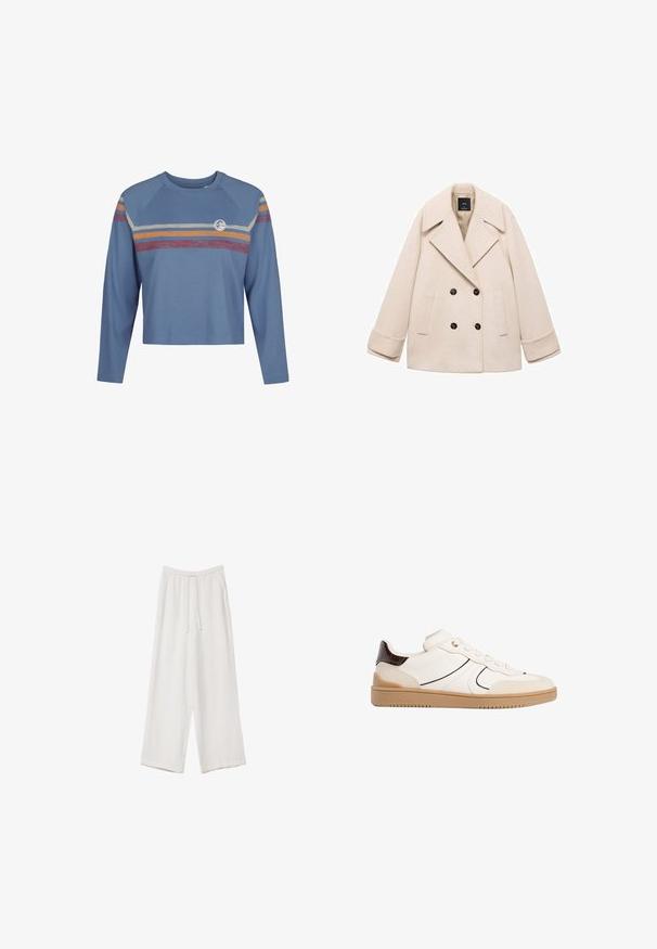 Béžový dvouřadý kabát s velkým výstřihem, dvěma předními kapsami a černými knoflíky. Měkká tkanina a strukturovaný střih zdůrazňují design.; Světle modrý krátký top s dlouhými rukávy a raglánovými rukávy, s barevnými vodorovnými pruhy v červené, žluté a krémové barvě na hrudi.; Bílé široké kalhoty vyrobené z lehké tkaniny. Mají elastický pas se šňůrkou a boční kapsy. Hladká textura.; Stradivarius Tenisky - white