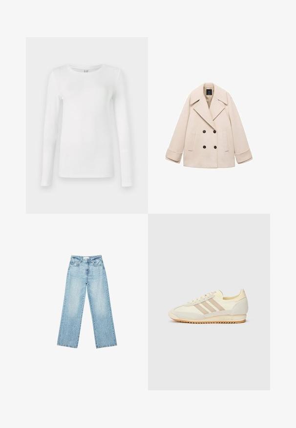 Bež plašč z dvojnim zapenjanjem in velikim zareznim ovratnikom, dvema sprednjima žepoma in črnimi gumbi. Mehek material in strukturiran kroj izboljšujeta zasnovo.; Bela majica z dolgimi rokavi, izdelana iz mehkega bombaža, z okroglim izrezom in prilegajočim se krojem ter gladko, enakomerno teksturo.; Svjetloplave široke traperice s visokim strukom, s izblijedjelim pranjem i malim, raštrkanim oštećenjima po cijelom dijelu.; Kremna atletska teniska obutev z tremi bež črtami, usnjatom in tekstilnim materialom, teksturiranim podplatom ter embosiranim logotipom na peti.