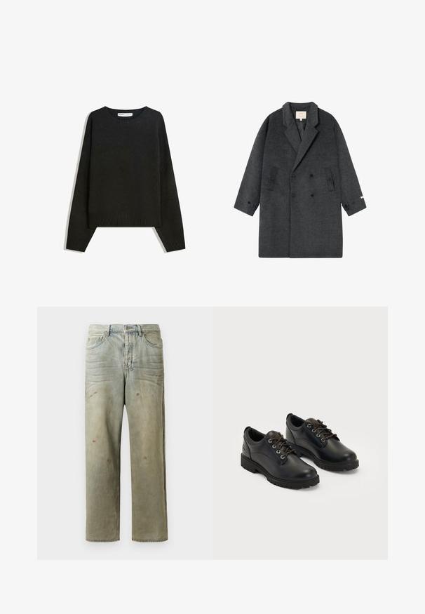Sötétszürke gyapjú, kétsoros téli kabát, amelynek fénypontjai a lágyan kialakított hajtókák, két oldalsó zsebe és gombbal záródó mandzsettái. Fehér háttéren fektetve.; Fekete kötött pulóver, kerek nyakkivágással, bordás mandzsettával és szegéllyel. A dizájn doboz alakú, ejtett vállakkal a laza illeszkedés érdekében.; Fakó zöld, kopott farmerszadrág, egyenes lábbal, ötk zsebes kialakítással, egyenetlen kopással és festékcseppekkel.; Fekete bőr cipők, kerek orral, fűzős kialakítással, szürke varrásokkal és texturált részletekkel. Vastag gumitalppal rendelkezik a tapadás érdekében.