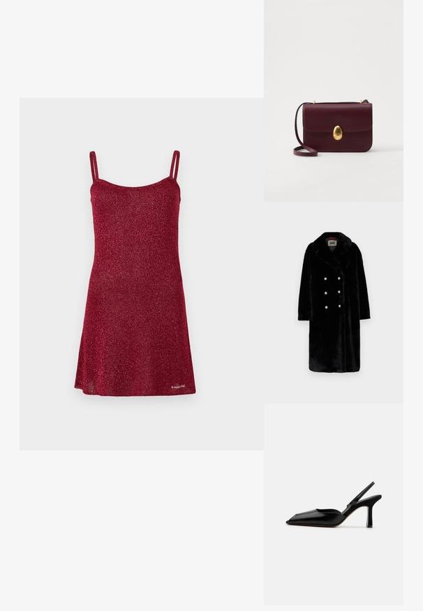 Fekete műszőrme kabát dupla soros gombolással, fényes ezüst gombokkal és bemetszett gallérral. Puha tapintású és közepes hosszúságú.; Piros, csillogó ruha vékony pántokkal, A-vonalú fazonnal és sima textúrával. Részletei között szerepel egy kerek nyakkivágás és egy fodros alj.; Fekete bőr szandál sarkú cipő hegyes orral, minimalist designnal, vékony bokapánttal és karcsú tűsarkúval. Sima textúra.; Burgundi bőr keresztpántos táska sima felülettel, ovális arany csattal és állítható pánttal, egyszerű téglalap alakú kialakítással.