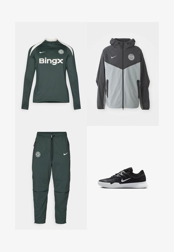 Nike Paris Saint-Germain striukė su gobtuvu, juodos ir šviesiai pilkos spalvų derinys, užtrauktukas priekyje ir logotipas ant krūtinės.; Tamsiai žalia ilgomis rankovėmis sportinė marškinėliai su baltais akcentais. Su užtrauktuku kakle, komandos logotipu ir ryškiu baltu tekstu, pažyminčiu prekės ženklą "Bingx".; Tamsiai žalieji sportiniai džinsai su elastine juosmens juosta, užtrauktukais šoninėse kišenėse, Chelsea FC logotipu ir balta Nike žybsnio emblema priekyje.; Juodos sportinės bateliai su tekstūruota viršutine dalimi, balta Nike swoosh ir balta gumine išorine dalimi. Yra su raištelių užsegimo dizainu ir dinamine forma.