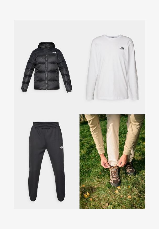 Czarna kurtka puchowa wykonana z błyszczącego, teksturowanego materiału, z kapturem, zamkiem błyskawicznym z przodu i elastycznymi mankietami. Posiada dwie kieszenie z przodu oraz detal z logo.; Biała koszulka z długim rękawem wykonana z bawełny, z okrągłym dekoltem. Posiada małe czarne logo na piersi. Gładka faktura, regularny krój.; Czarne dresy z elastycznym paskiem w talii, zwężanym krojem, elastycznymi mankietami i małym białym logo na lewej udzie, wykonane z gładkiego materiału.; Obuwie outdoorowe z siateczkową cholewką w odcieniach brązu; charakteryzuje się skomplikowanym sznurowaniem i teksturowaną czarną gumową podeszwą. W pierwszym planie trawa i liście.
