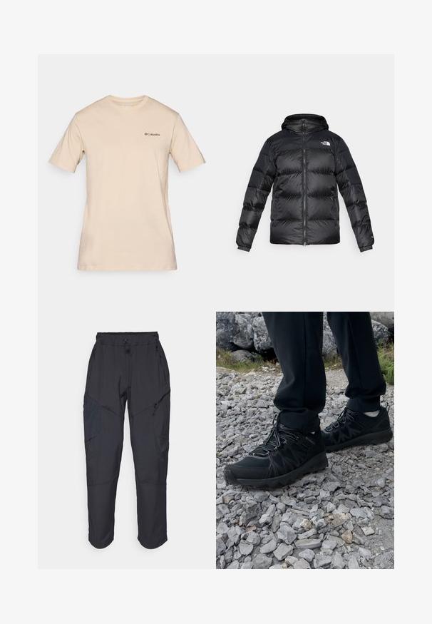 Black puffer jacket made of shiny, textured material with a hood, front zipper, and elastic cuffs. Features two front pockets and logo detail.; Beige short-sleeve t-shirt made of cotton, featuring a small black Columbia logo on the left chest. Standard crew neck design.; Black cargo pants made from a lightweight, water-resistant material; features elastic waistband, multiple zippered pockets, and tapered legs.; Black outdoor shoes with mesh and synthetic material, featuring a textured upper, secured lacing system, and a rugged outsole, on rocky terrain.