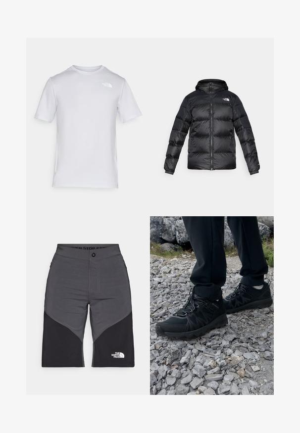Crna puf jakna napravljena od sjajnog, teksturiranog materijala s kapuljačom, prednjim zatvaračem i elastičnim manžetama. Ima dva prednja džepa i detalj s logotipom.; Bijela majica kratkih rukava izrađena od glatkog materijala. Ima mali logo na gornjoj lijevoj strani prsnog koša. Klasičan kroj s okruglim izrezom.; Sive i crne kratke hlače s dizajnom panela, prednjim zatvaranjem na dugme i logotipom The North Face. Izrađene su od laganog, izdržljivog materijala.; Crne vanjske cipele s mrežastim i sintetičkim materijalom, s teksturiranim gornjim dijelom, osiguranim sustavom vezanja i čvrstim potplatom, na stjenovitom terenu.