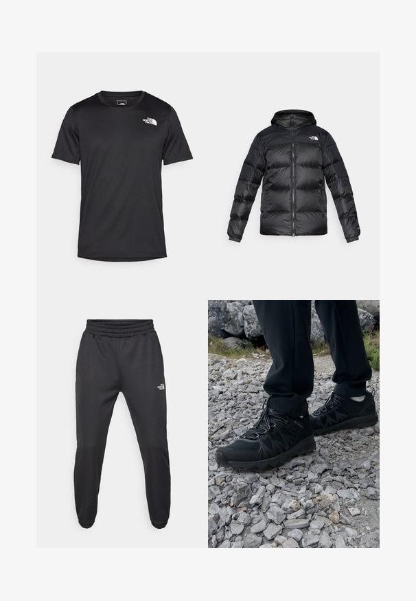 Musta puhvitakki, joka on valmistettu kiiltävästä, tekstuurista materiaalista, jossa on huppu, edessä vetoketju ja elastiset hihansuut. Sisältää kaksi etutaskua ja logopainatuksen.; Musta lyhythihainen t-paita, joka on valmistettu teksturoidusta kankaasta. Paita sisältää pienen valkoisen logon vasemmassa ylärintapisteessä ja siinä on pyöreä kaula-aukko.; Mustat collegehousut, joissa on nauhakuomu vyötäröllä, kapeneva fit, elastiset hihansuut ja pieni valkoinen logo vasemmassa reidessä, valmistettu sileästä kankaasta.; Mustat ulkokengät, joissa on verkko- ja synteettinen materiaali, teksturoitu päällinen, varma nauhoitusjärjestelmä ja kestävä pohja kivikkoisella maastolla.