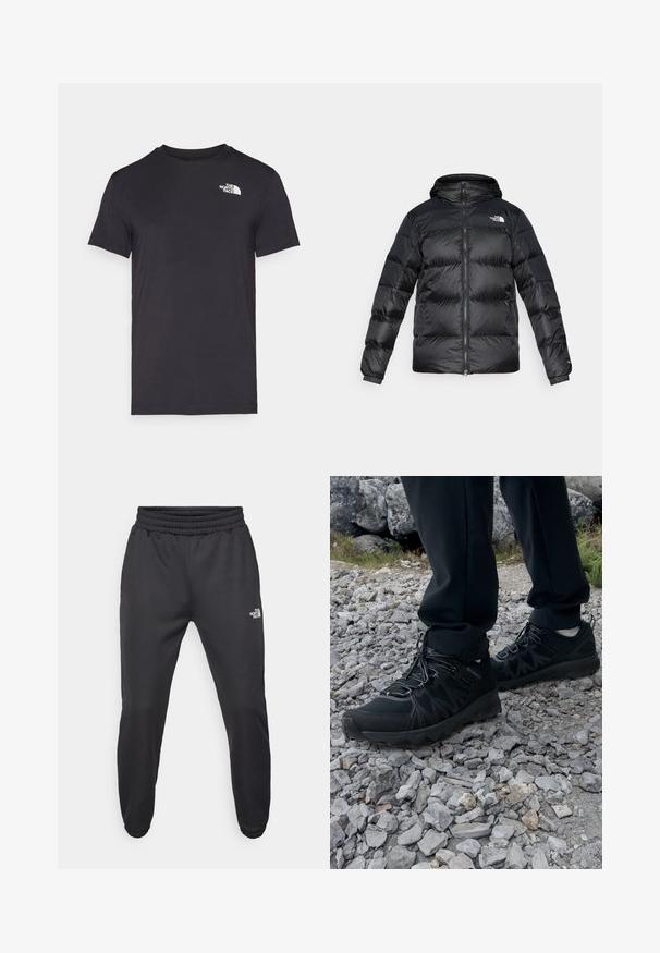 Casaco puffer preto feito de material brilhante e texturizado, com capuz, fecho frontal e punhos elásticos. Apresenta dois bolsos frontais e detalhe de logotipo.; T-shirt preta de mangas curtas, feita de tecido macio, com um pequeno logótipo branco na parte superior esquerda. Design clássico de gola redonda com um ajuste regular.; Calças de moletão pretas com cintura ajustável por cordão, corte afunilado, punhos elásticos e um pequeno logótipo branco na coxa esquerda, feitas de um tecido suave.; Sapatos pretos para exterior, feitos de material em malha e sintético, com um cabedal texturizado, sistema de atilho seguro e uma sola robusta, sobre terreno rochoso.