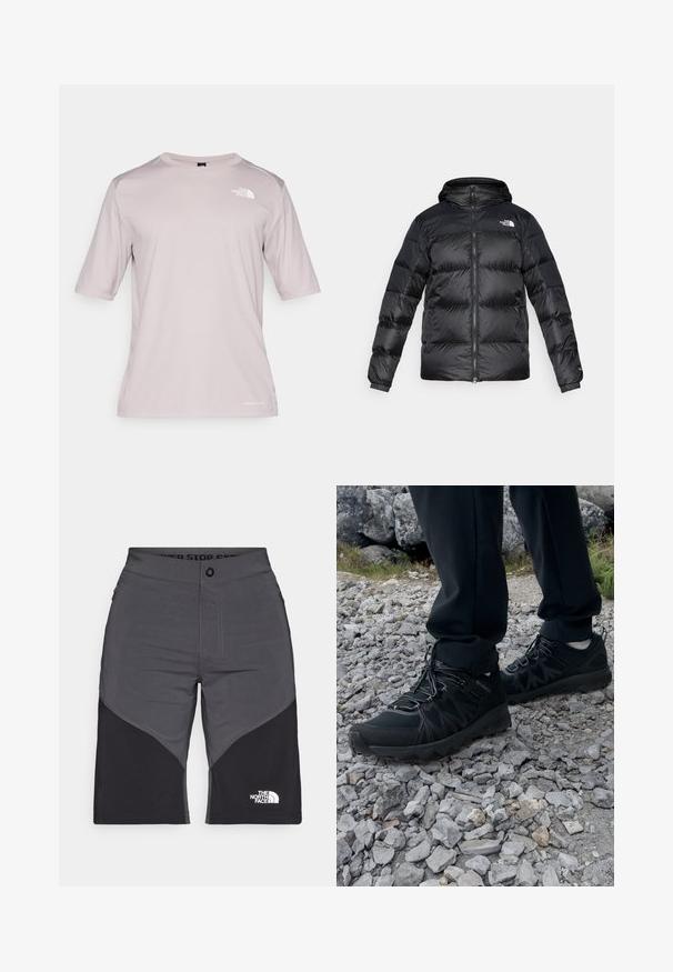 Črna puhaste jakne iz sijočega, teksturiranega materiala z kapuco, sprednjim zadrgo in elastičnimi manšetami. Ima dva sprednja žepa in logotip.; Lahki, kratki rokav, svetlo roza športna majica z teksturirano tkanino. Ima krožni ovratnik ter logotipe na prsih in spodnji strani.; Sive in črne kratke hlače s panelnim dizajnom, sprednjim gumbom in logotipom The North Face. Narejene so iz lahkotnega in trpežnega materiala.; Črne zunanje čevlje iz mrežastega in sintetičnega materiala, s teksturiranim zgornjim delom, zavarovanim sistemom vezalk in trdim podplatom, na skalnatem terenu.