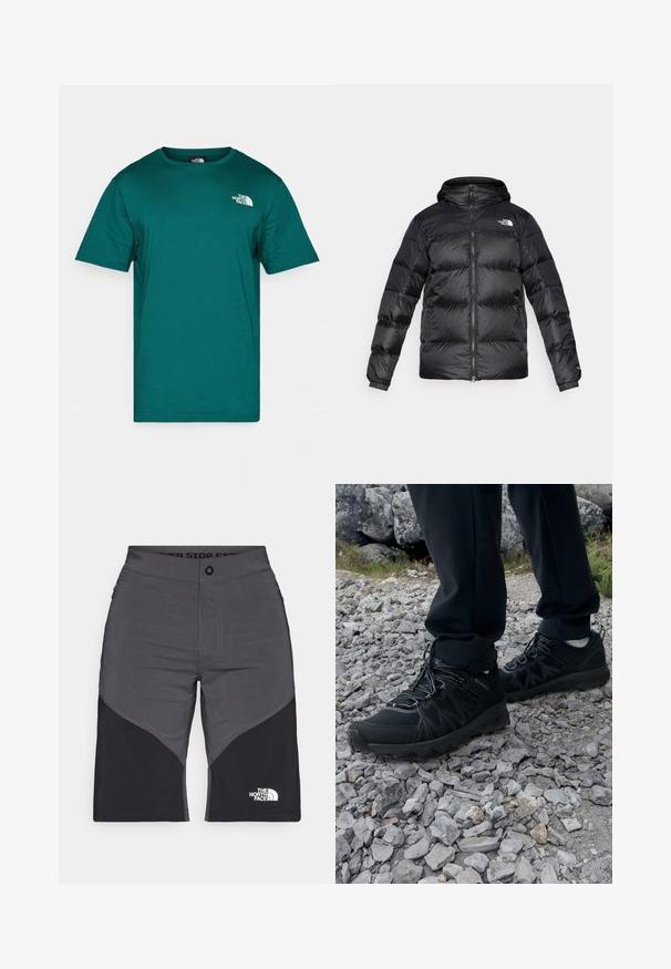 Črna puhaste jakne iz sijočega, teksturiranega materiala z kapuco, sprednjim zadrgo in elastičnimi manšetami. Ima dva sprednja žepa in logotip.; Tirkizno bombažna majica s kratkimi rokavi in krožnim izrezom. Ima belo logo na zgornjem levem prsnem delu in gladko teksturo tkanine.; Sive in črne kratke hlače s panelnim dizajnom, sprednjim gumbom in logotipom The North Face. Narejene so iz lahkotnega in trpežnega materiala.; Črne zunanje čevlje iz mrežastega in sintetičnega materiala, s teksturiranim zgornjim delom, zavarovanim sistemom vezalk in trdim podplatom, na skalnatem terenu.