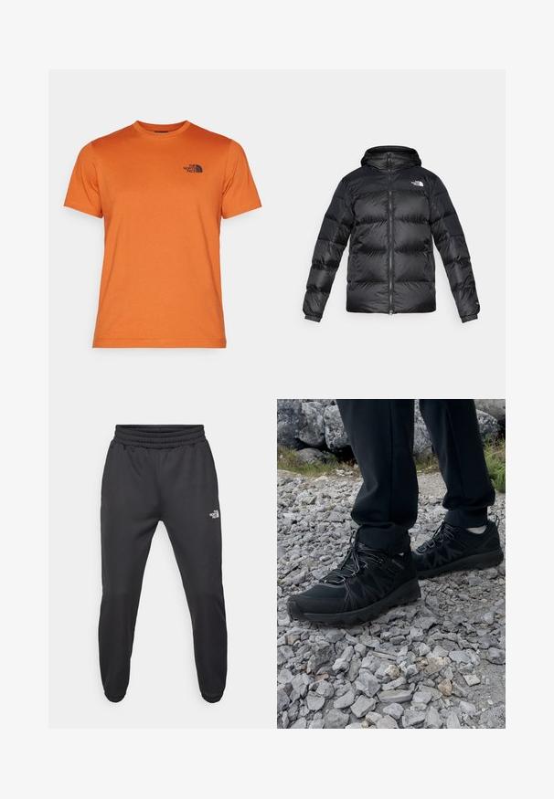 Black puffer jacket made of shiny, textured material with a hood, front zipper, and elastic cuffs. Features two front pockets and logo detail.; The North Face M SS SIMPLE DOME TEE - Sports T-shirt - earthen copper; Black sweatpants with a drawstring waist, tapered fit, elastic cuffs, and a small white logo on the left thigh, made from smooth fabric.; Black outdoor shoes with mesh and synthetic material, featuring a textured upper, secured lacing system, and a rugged outsole, on rocky terrain.
